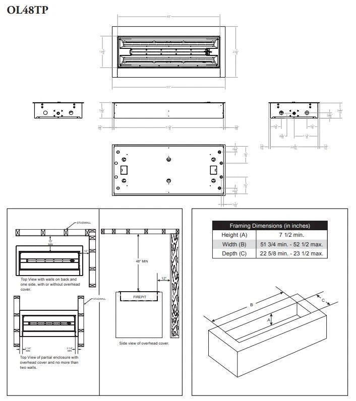 48 inch linear gas fireplace burner with LED lighting