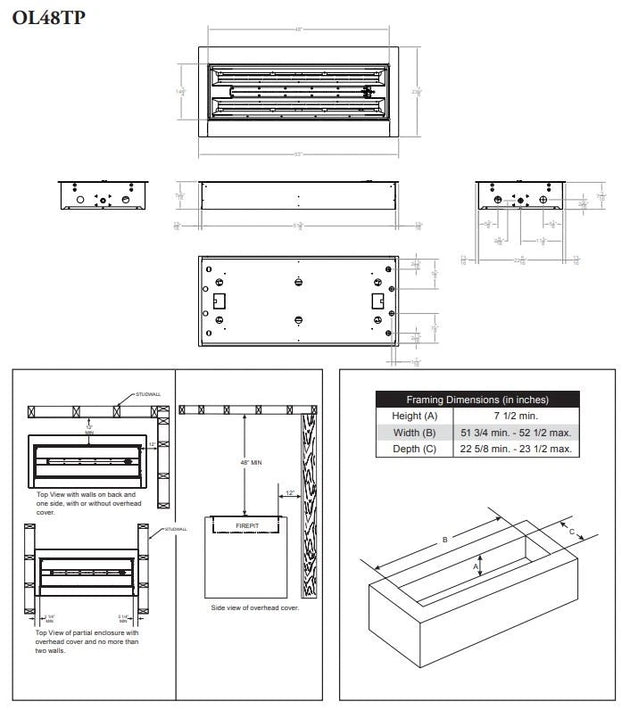 48 inch linear gas fireplace burner with LED lighting