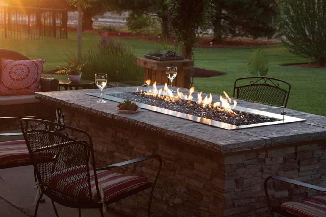 48 inch linear outdoor gas fireplace stainless steel with LED lighting