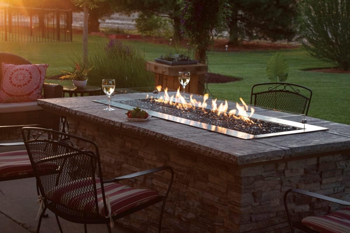 48 inch linear outdoor gas fireplace stainless steel with LED lighting