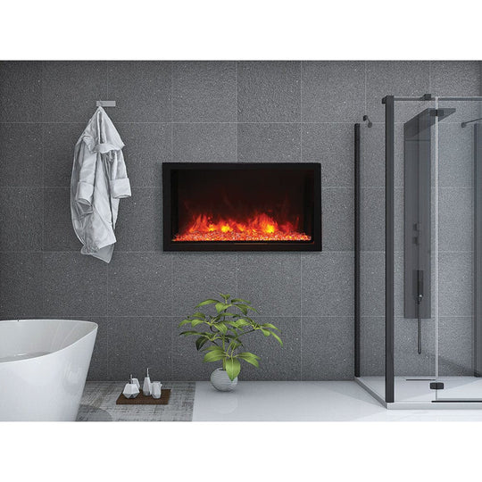 Compact outdoor kitchen fireplace with LED flame display