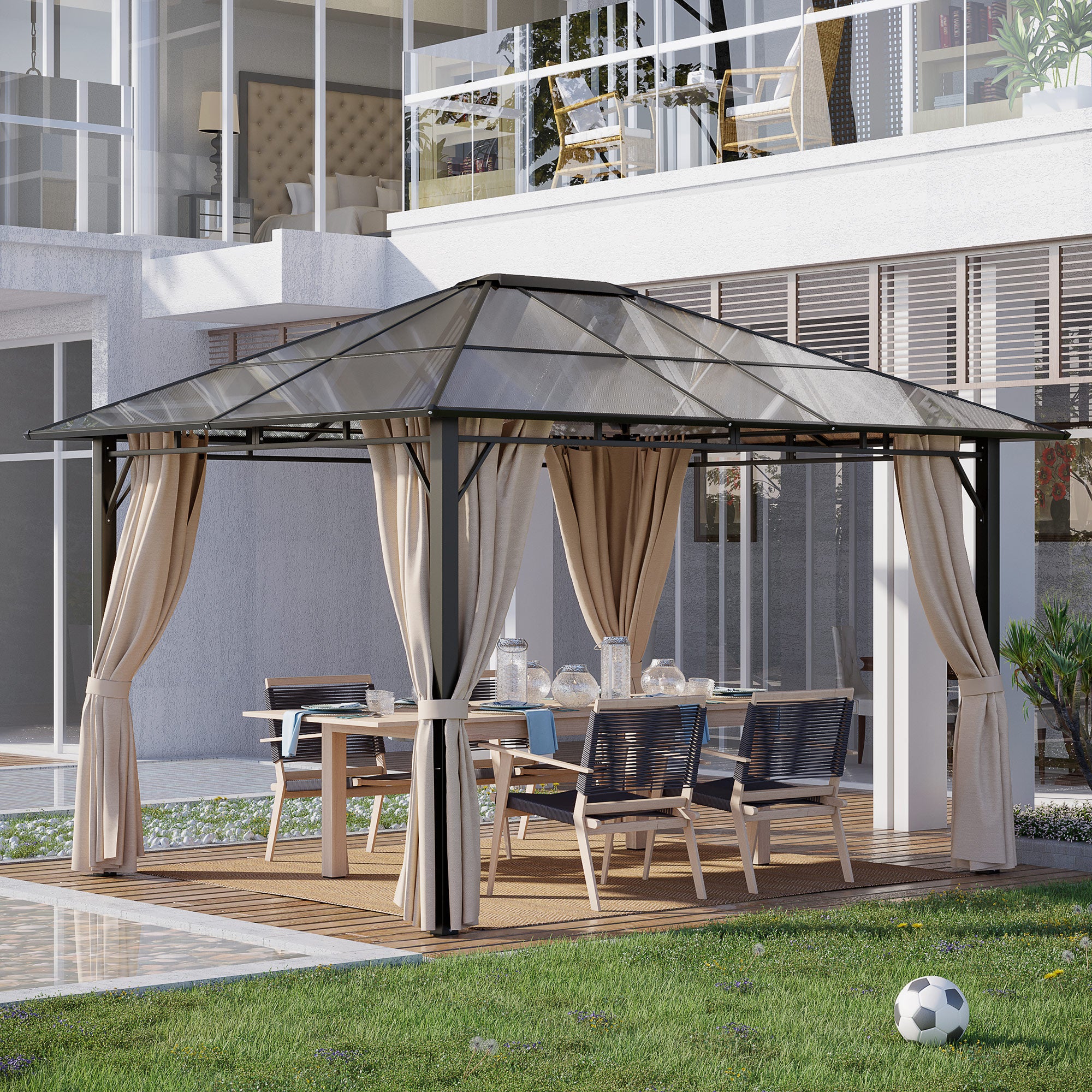10' x 12' Hardtop Gazebo Canopy with Polycarbonate Roof, Aluminum Frame, Permanent Pavilion Outdoor Gazebo with Netting, for Patio, Garden, Backyard, Deck, Lawn, Dark Brown, Off-White