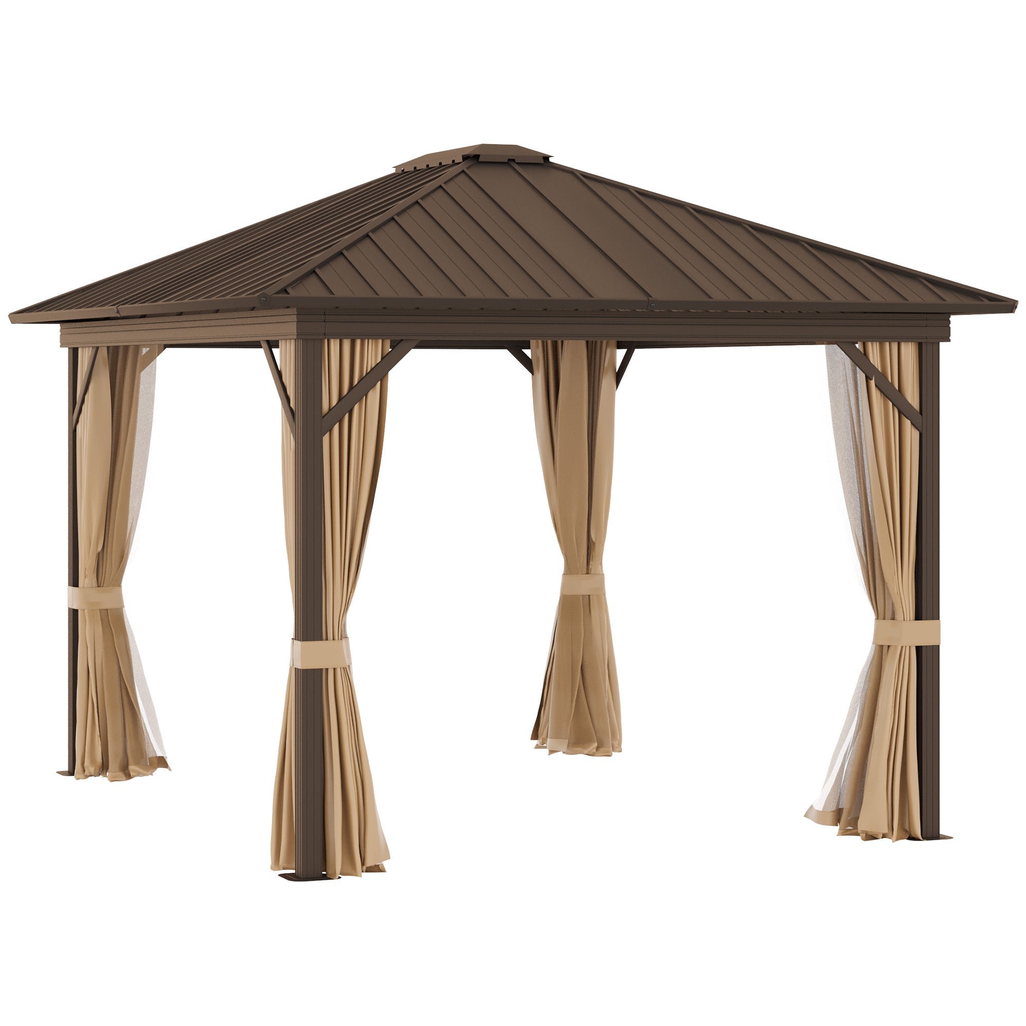 10' x 12' Hardtop Gazebo with Curtains and Netting, Permanent Pavilion Metal Single Roof Gazebo Canopy with Aluminum Frame and Hooks, for Garden, Patio, Backyard, Brown