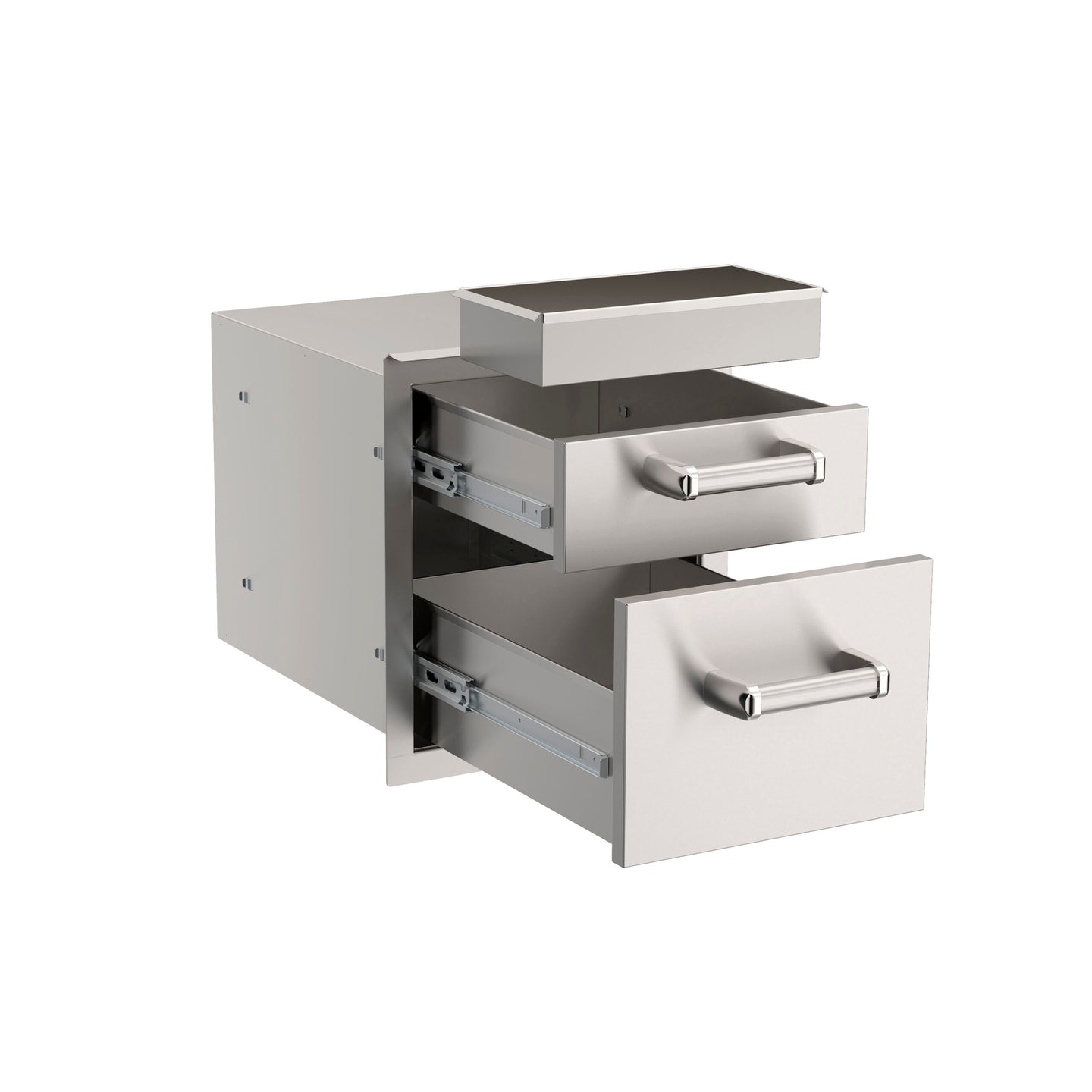 Outdoor kitchen double drawer storage for BBQ accessories