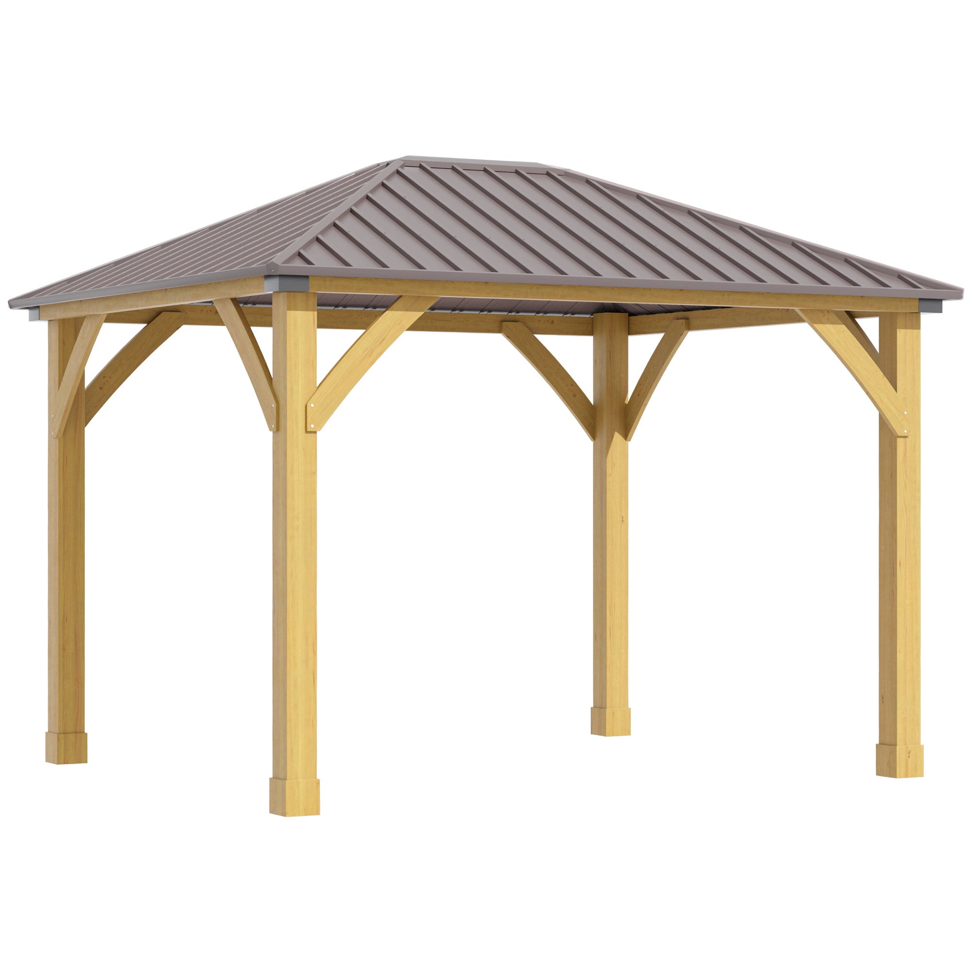 10' x 12' Hardtop Gazebo with Galvanized Steel Roof, Wooden Frame, Permanent Pavilion Outdoor Gazebo Canopy, for Patio, Garden, Backyard, Deck, Lawn, Brown