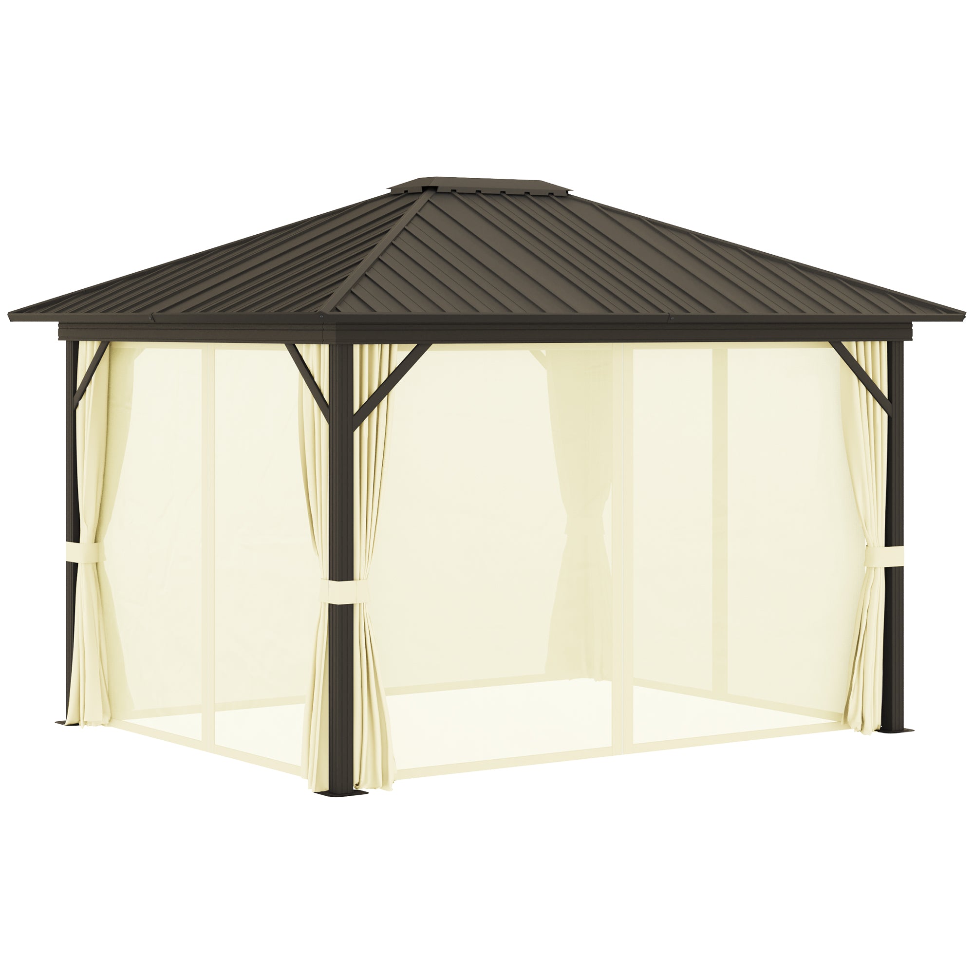 11.9' x 9.8' Hardtop Gazebo with Curtains Netting, Metal Roof Gazebo Canopy with Aluminum Frame and Top Hook, Cream
