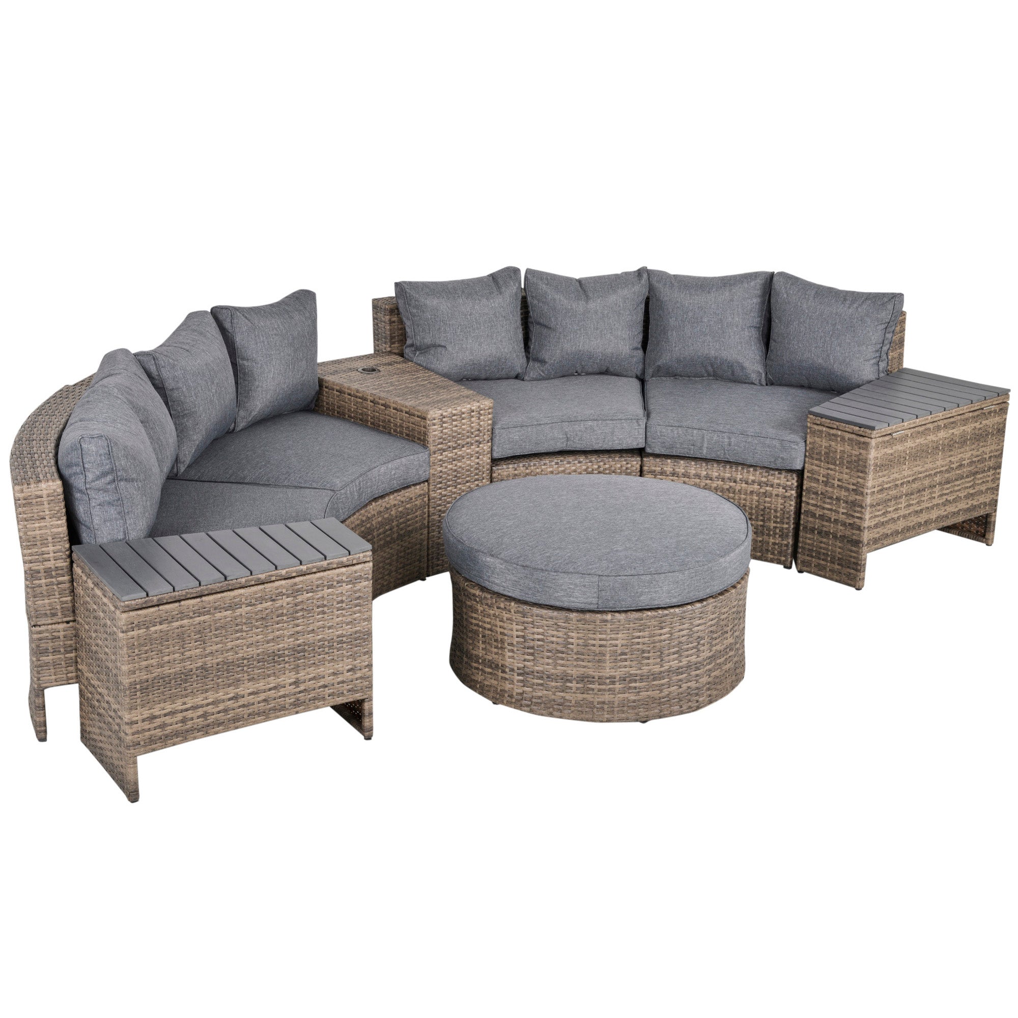 8 Piece Outdoor Rattan Sofa, Half Round Patio Furniture Set with Side Tables, Umbrella Hole, and Cushions, Mixed Kahki and Mixed Gray
