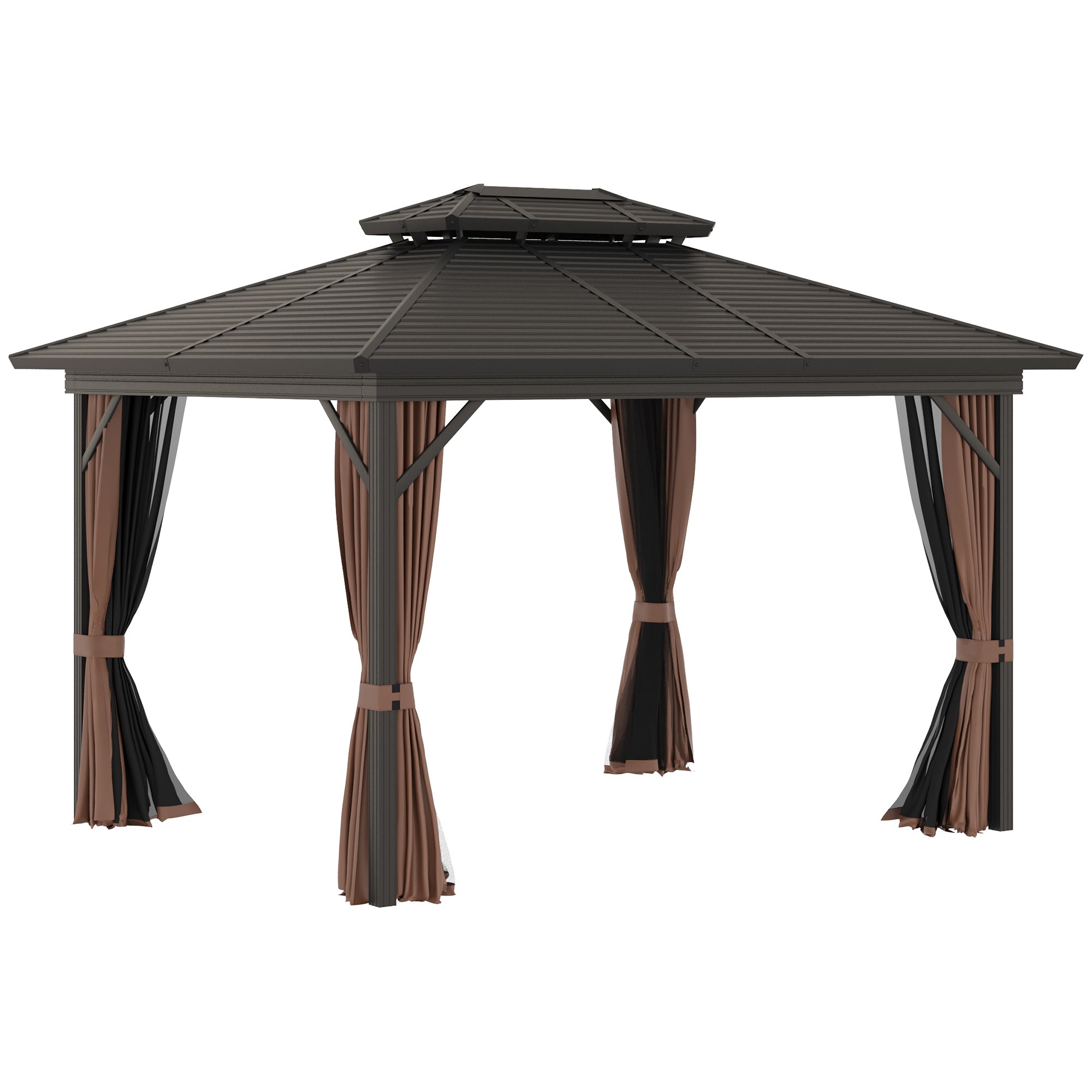 10' x 12' Hardtop Gazebo with Curtains and Netting, Permanent Pavilion Metal Double Roof Gazebo Canopy with Aluminum Frame and Hooks, for Garden, Patio, Backyard, Brown