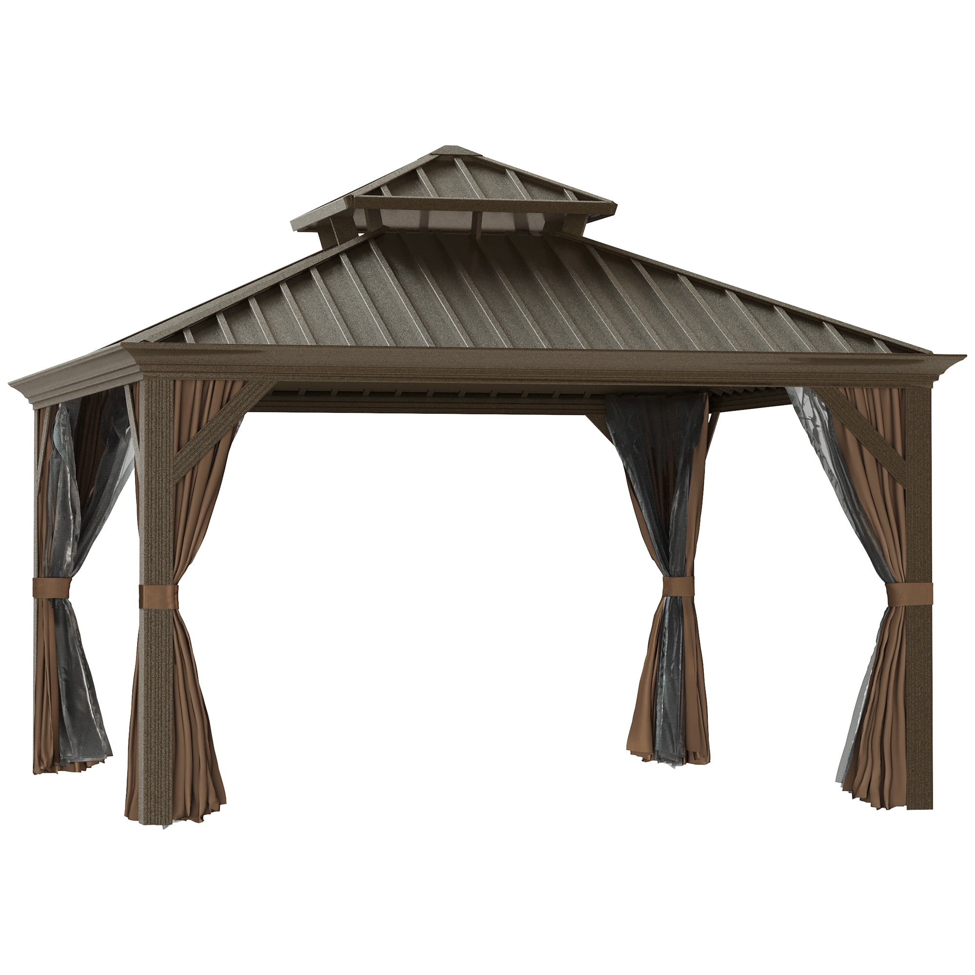12' x 12' Hardtop Gazebo with Curtains and Netting, Permanent Pavilion Metal Double Roof Gazebo Canopy with Aluminum Frame and Hooks, for Garden, Patio, Backyard, Brown
